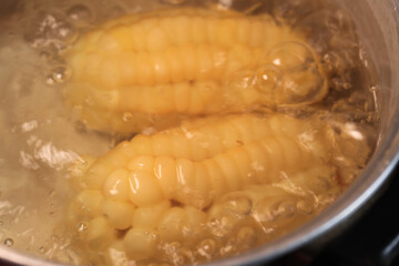 Video of peruvian corn boiling in a pot. Concept of food preparation.