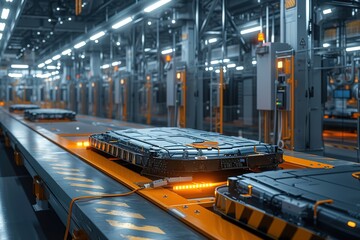 Stunning image of electric vehicle battery packs assembly line, industrial setting, large, well - lit factory - obrazy, fototapety, plakaty