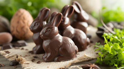 Artisan Chocolate Easter Bunnies Arranged on Wooden Surface Festive Springtime Treats