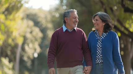 Obraz premium Elderly couple is seen walking together, holding hands and sharing a happy moment in a sunlit park
