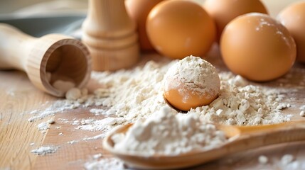 Fototapeta na wymiar Baking Ingredients on Wooden Table Flour Eggs Rolling Pin