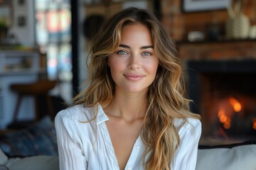 Obraz premium Radiant female host with flowing hair in white blouse and jeans sits by fireplace