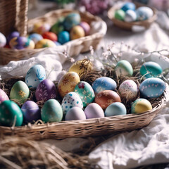 Fototapeta na wymiar Easter eggs and the Easter bunny in the workshop