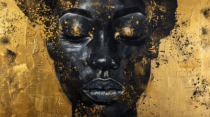 Pintura acrílica africana dourada com preto - obrazy, fototapety, plakaty