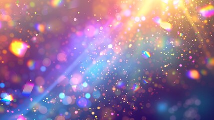 Sparkling crystal produces a prismatic reflection, creating an optical rainbow with transparent effects and falling confetti.