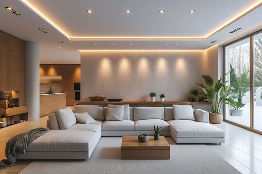 Stylish interior of modern living room with light wall