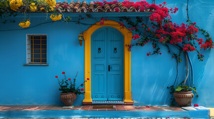 An eyecatching yellow door framed by vibrant bougainvillea, creating a captivating entrance with vivid colors