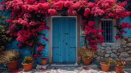 Fototapeta na wymiar Cozy home entrance featuring a blue door, flanked by blooming shrubs and potted plants, exuding charm