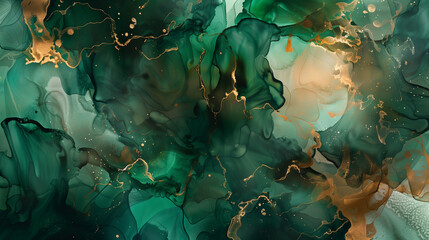 Abstract fluid painting background in emerald and bronze color