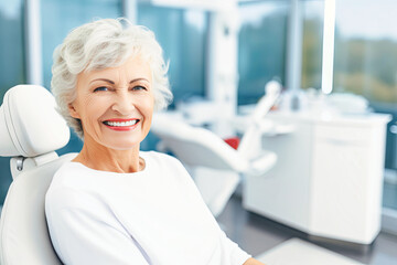 Older Woman Sitting in Dental Chair - obrazy, fototapety, plakaty