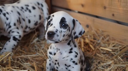Adorable Dalmatian Puppy Sitting in Straw Cute Pet Portrait