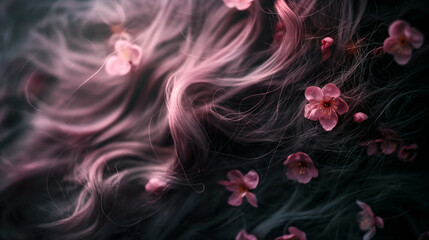 Zbliżenie przedstawiające drobne kwiaty wiśni wplecione we włosy - obrazy, fototapety, plakaty