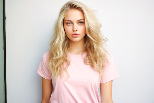 beautiful blonde in pink clothes on a pink background