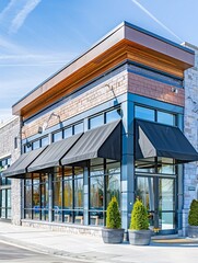 Modern retail and office space for sale or lease in versatile storefront and office building with awning. - obrazy, fototapety, plakaty