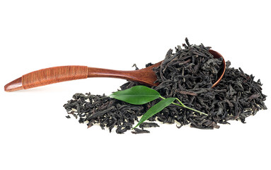 Dried black tea leaves in wooden spoon and fresh tea leaves isolated on a white background - 758269531