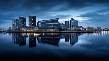 Panorama of office buildings and city center near the lake under a cloudy sky