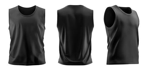  Set of men black front, back and side view sleeveless tee t shirt tank singlet vest round neck on transparent background cutout PNG file. Mockup template for artwork design. - obrazy, fototapety, plakaty