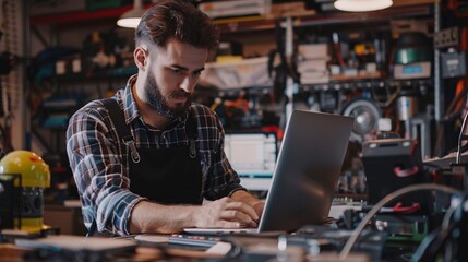Technician providing technical assistance repairing laptop computer.