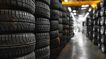 close up car tire stack at repairing service on black background. Transportation and automotive maintenance concept