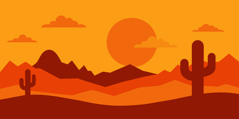 Obraz premium Cartoon desert landscape with cactus, hills, sun and mountains silhouettes, vector nature horizontal background