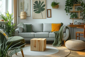 The modenr boho interior of living room in cozy apartment with design coffee table, gray sofa, wooden cube honey yellow pillow, desk, green armchair, plants and elegant accessories. Modern home decor.