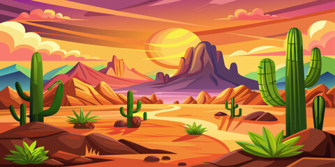 Cartoon desert landscape with cactus, hills, sun and mountains silhouettes, vector nature horizontal background - obrazy, fototapety, plakaty