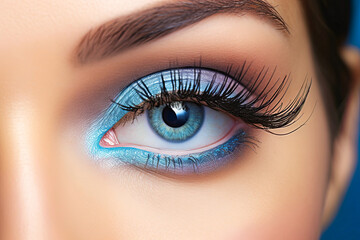 Obraz premium Close-up of a female eye with blue makeup