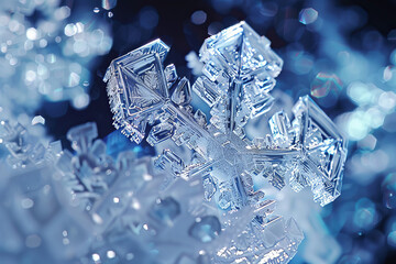 Microscopic view of an ice crystal, showcasing its intricate pattern and symmetrical design against a bokeh background.