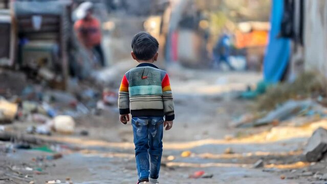 Poor boy walking on the street in India. Poverty in India concept.