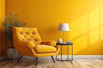 Tufted armchair and coffee table with lamp near yellow wall. Interior design of modern living room.