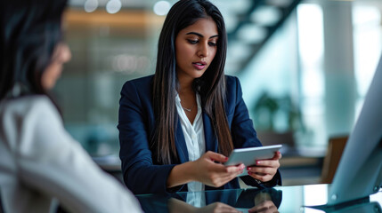 Focused woman using a tablet in a modern office