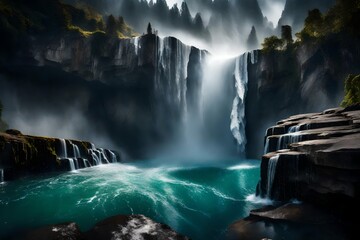 A panoramic view of a majestic waterfall, capturing its sheer power as it crashes down into a deep pool, sending misty spray into the air - obrazy, fototapety, plakaty