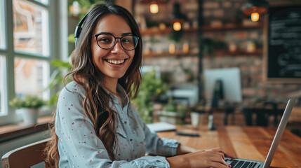 Fototapeta premium Young woman seated and smiling at the camera, with a laptop in front of her and a blurred office environment in the background
