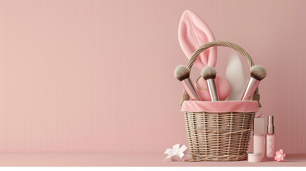 
maquete com orelhas de coelho segurando uma cesta com cosméticos sem marca - obrazy, fototapety, plakaty