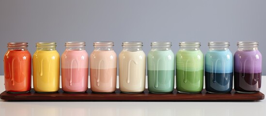 A row of plastic bottles filled with various colored liquids, including violet juice and soft drinks, displayed on a wooden tray