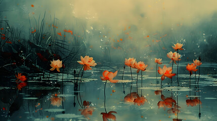 In this alluring composition, bright orange poppies pierce through the fog, reflecting in the water's mirror-like surface amidst a subdued green marsh - obrazy, fototapety, plakaty