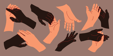 Fototapeta premium Black and white peoples hands - set of handshake gestures. Vector set in flat style.
