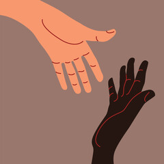 Black and white peoples hands - handshake gesture. Vector illustration in flat style.