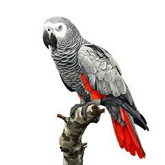 Obraz premium African Grey Parrot Perched on Top of Tree Branch - Transparent background, Cut out