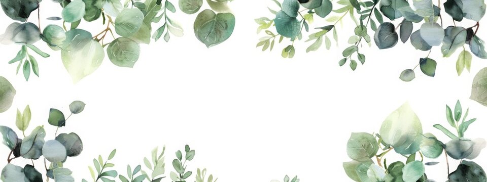 Watercolor green leaves frame. Herbal eucalyptus border. Green leaves and branches on white background. Simple minimalistic design for card, invitation, poster, save the date, wedding or greeting