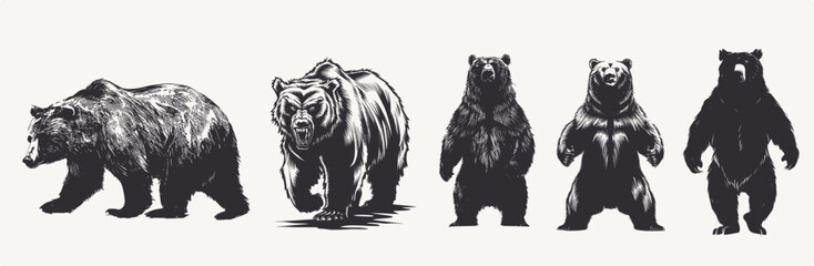 Silhouette set of bear poses, Generative Ai - obrazy, fototapety, plakaty