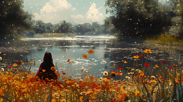 A serene digital portrait of a woman sitting by a calm lake surrounded by wildflowers and fluttering butterflies, conveying a sense of tranquility