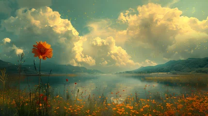 Abwaschbare Fototapete A vibrant landscape filled with a field of orange flowers set against a whimsical sky with fluffy clouds © Reiskuchen