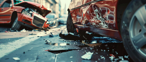 Cars after accident on road close-up, damage of vehicles on highway after collision. Concept of...