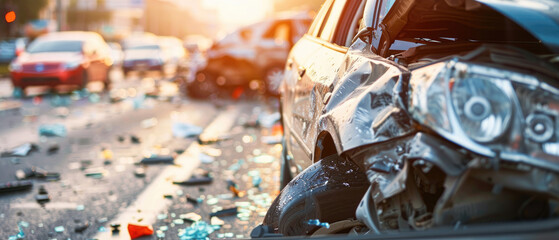 Car after accident on road, damage of vehicle on highway after collision. Concept of auto, crash,...