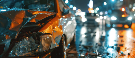 Car after accident on road at night, damage of vehicle on highway after collision. Concept of auto,...