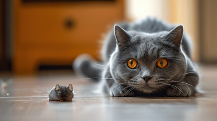 Happy grey British cat watches to mouse, face of cute funny pet hunting in room. Concept of humor, food, pounce