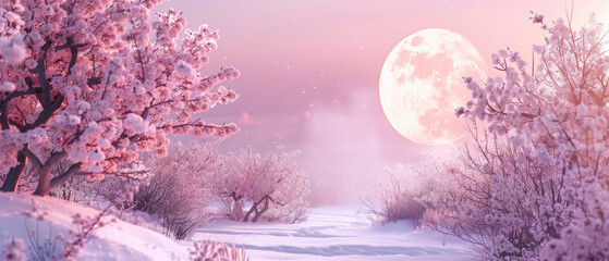 Landscape of snowy cherry trees, scenery of pink blooming sakura and moon in spring or winter....