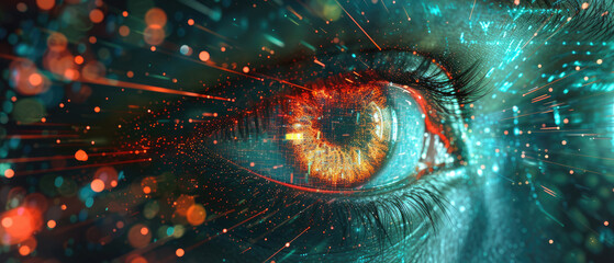Human eye close-up on green tech background, hacker face and digital data pattern. Concept of cyber security, technology, future, hack, network,