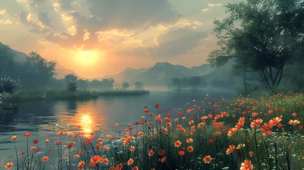 Gordijnen A serene landscape depicting a peaceful sunset over a mountain range, with reflections in the quiet lake amidst a field of flowers © Reiskuchen